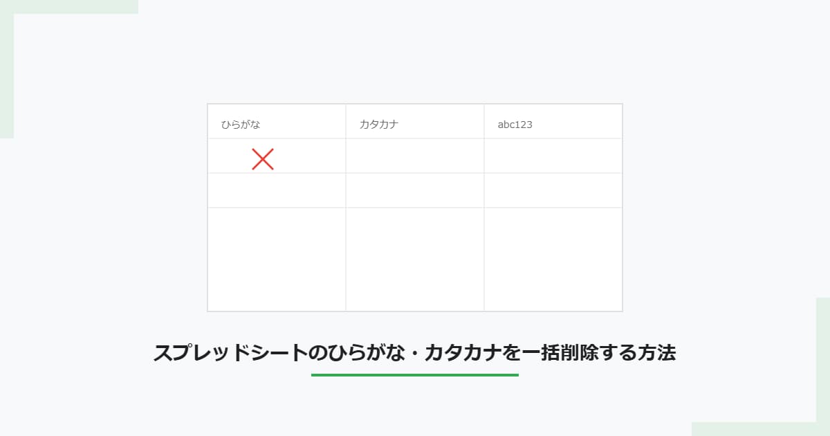 [ワードプレス用のアイキャッチ画像（横1200ピクセル×縦630ピクセル）を作成して下さい] # 記事タイトル SEOを意識したアイキャッチ画像を作成して タイトル：スプレッドシートのひらがな・カタカナを一括削除する方法 # 競合よりも洗練された画像 # 高品質の画像 # 画像は途切れないようにして下さい